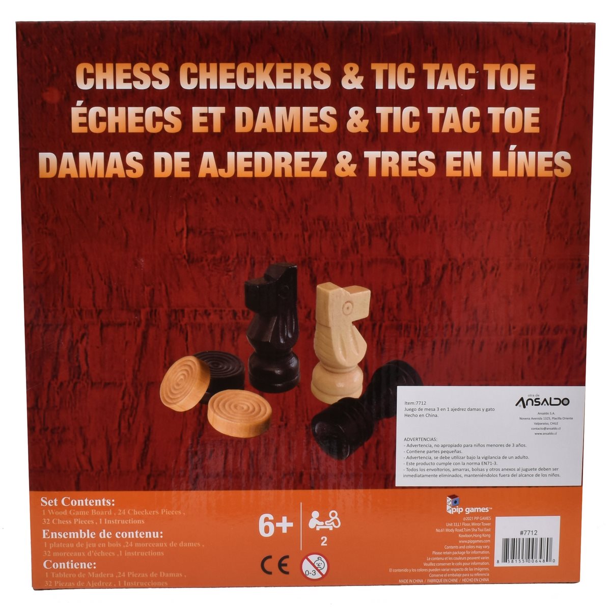Juego De Mesa 3 En 1 De Madera: Ajedrez, Damas Y Gato