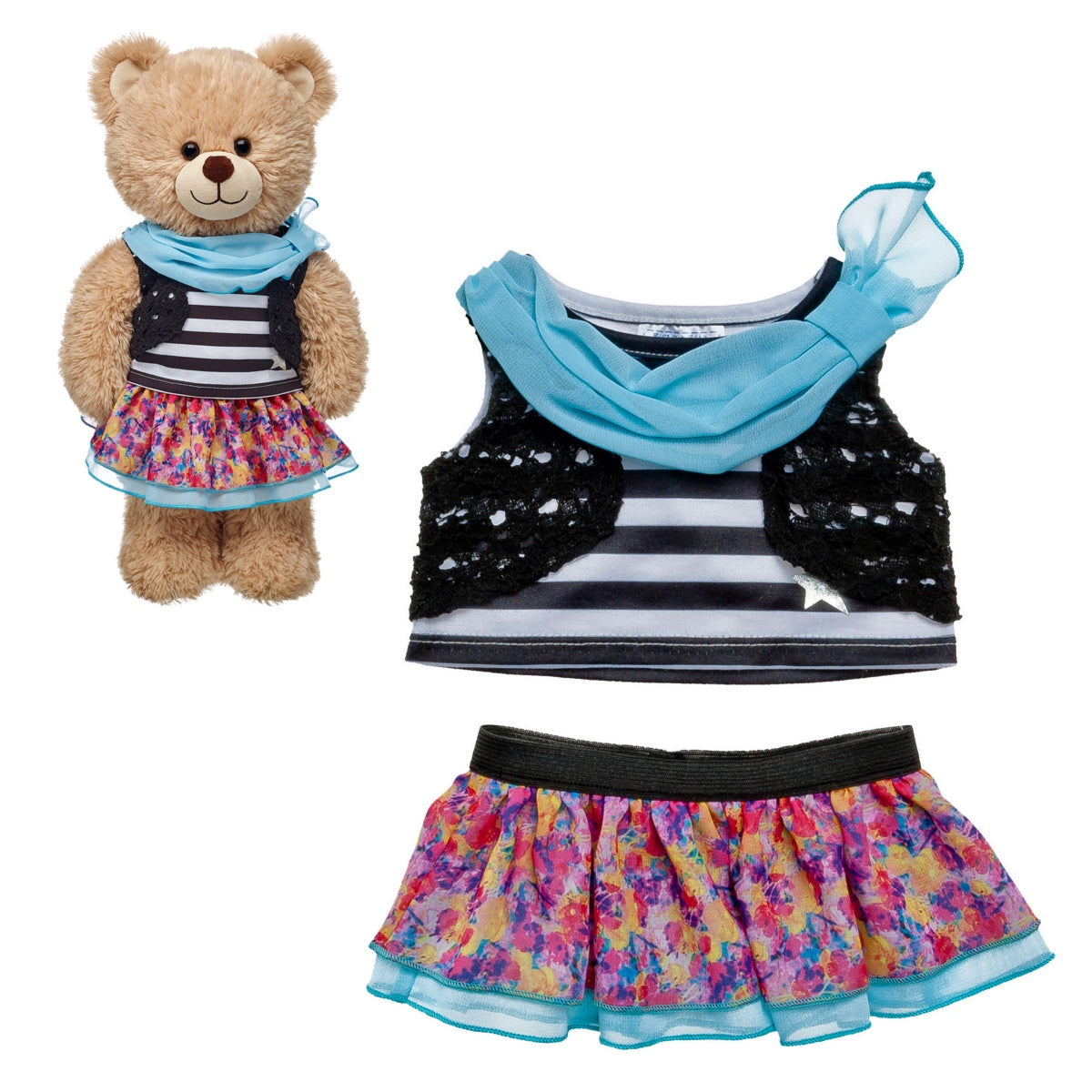 Set falda flores polera líneas Build-A-Bear