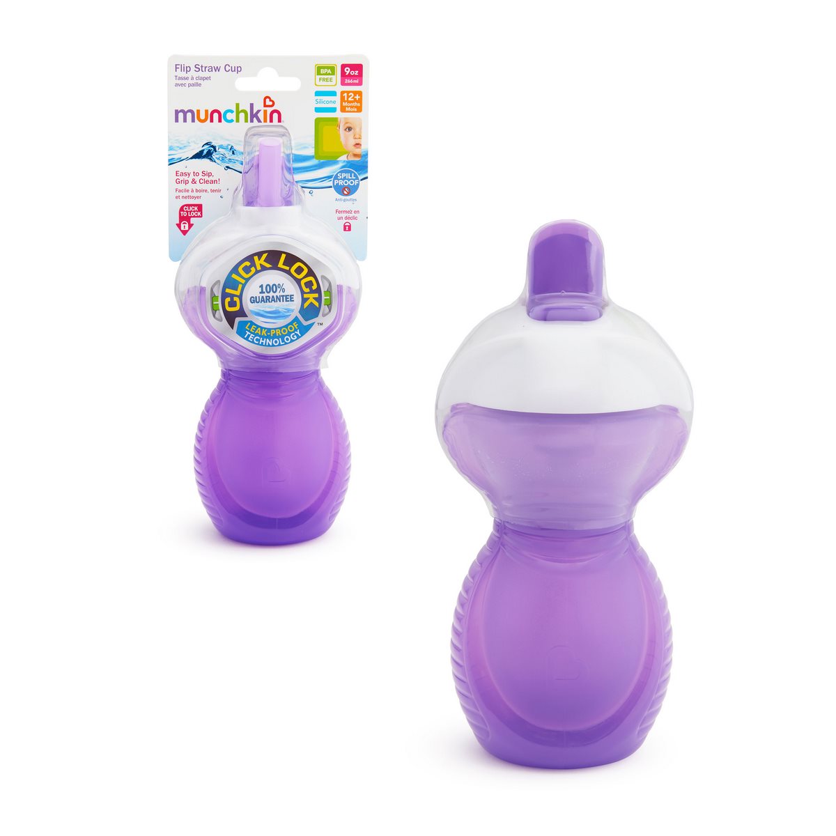 Vaso Antiderrame C/Bombilla Flip Click & Lock 260Ml Munchkin - Morado Categoría: Sillas y accesorios Tipo producto:  Vasitos para bebés