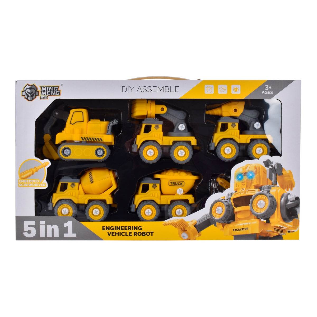 Playset 5 En 1 Vehiculos De Construccion Armables En Robot Con Luz Y Sonido