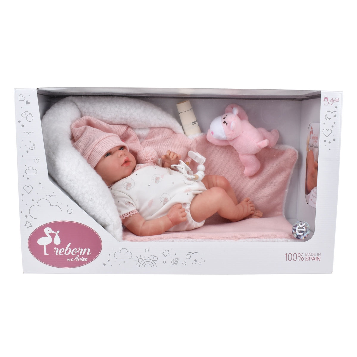 Muñeca Reborn Ariel Rosa Con Cojin Y Peluche 40 Cm Arias