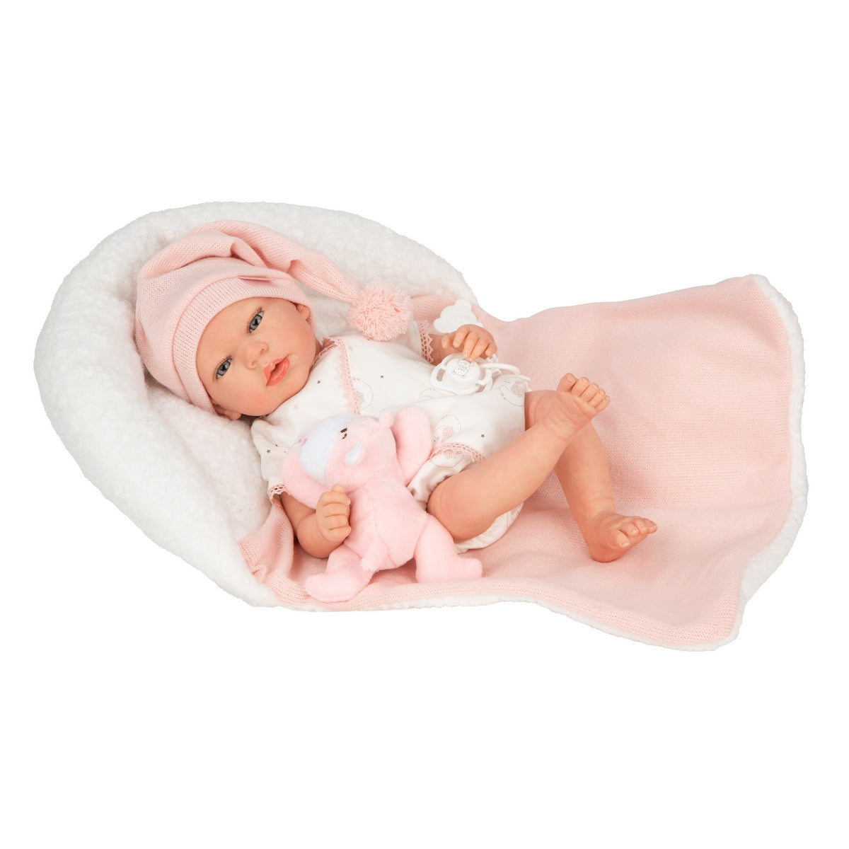 Muñeca Reborn Ariel Rosa Con Cojin Y Peluche 40 Cm Arias
