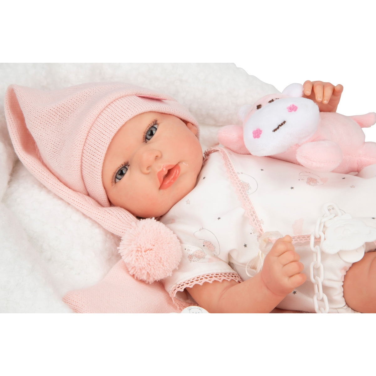 Muñeca Reborn Ariel Rosa Con Cojin Y Peluche 40 Cm Arias