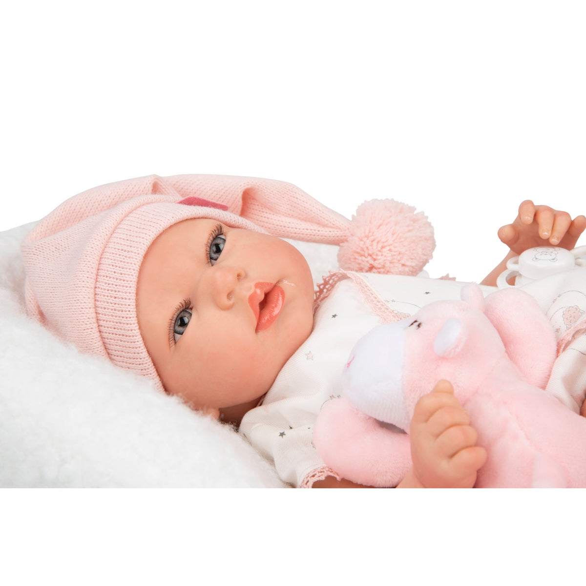 Muñeca Reborn Ariel Rosa Con Cojin Y Peluche 40 Cm Arias