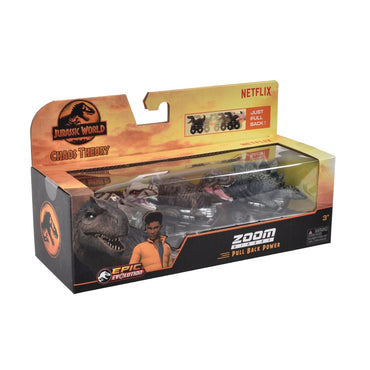 Pack 3 Dinosaurios Vehiculo Pullback Jurassic - Atrociraptor, T.rex Y Stegosaurus