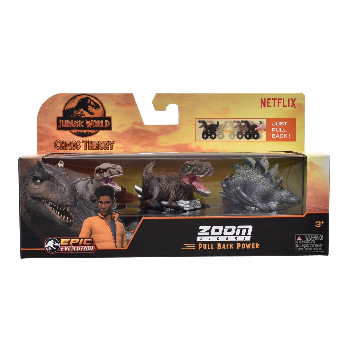 Pack 3 Dinosaurios Vehiculo Pullback Jurassic - Atrociraptor, T.rex Y Stegosaurus