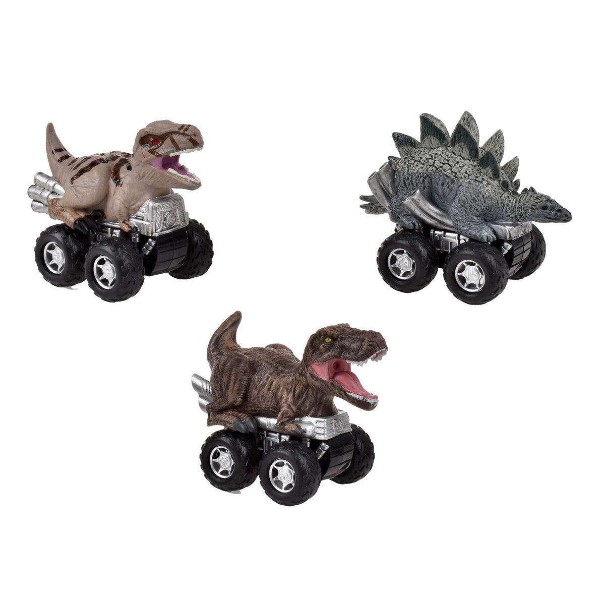 Pack 3 Dinosaurios Vehiculo Pullback Jurassic - Atrociraptor, T.rex Y Stegosaurus