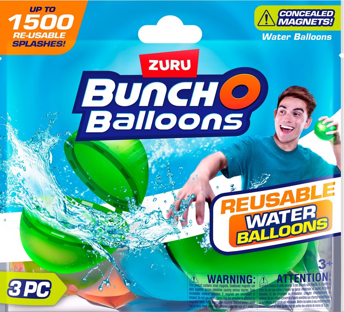 Bolsa empaque pack 3 bombas agua reutilizables Bunch O Balloons ZURU con advertencias y logo