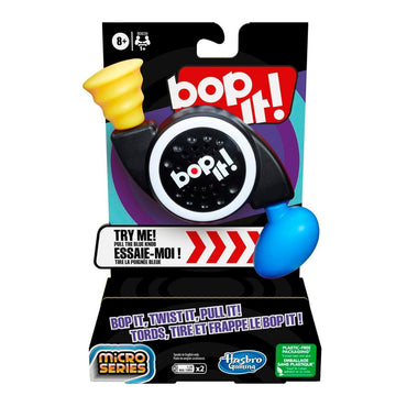 Empaque del juego de mesa Bop It Microseries Hasbro mostrando características y logos