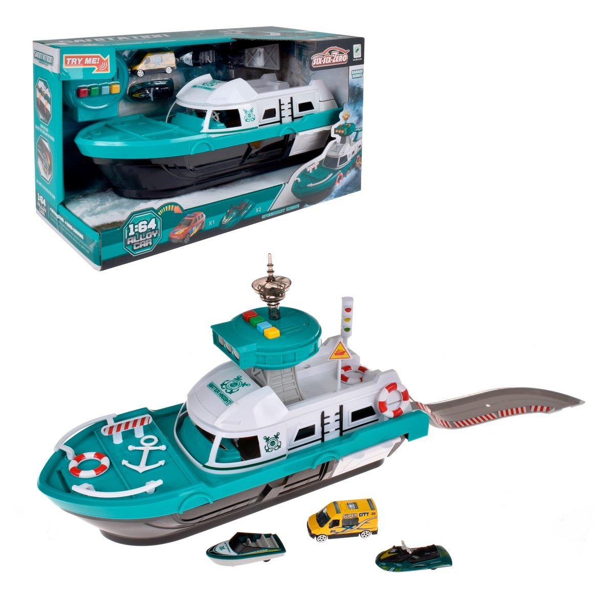 Lancha De Rescate De 40 Cms Con Luz, Sonido Y 3 Vehiculos