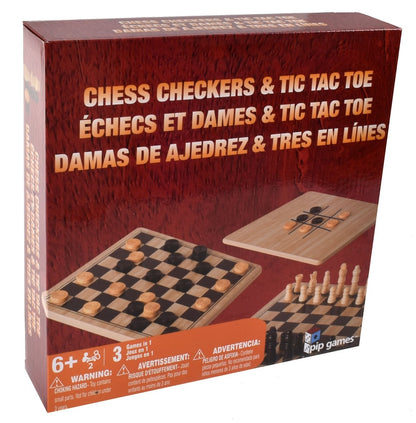 Juego De Mesa 3 En 1 De Madera: Ajedrez, Damas Y Gato