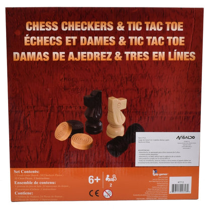 Juego De Mesa 3 En 1 De Madera: Ajedrez, Damas Y Gato