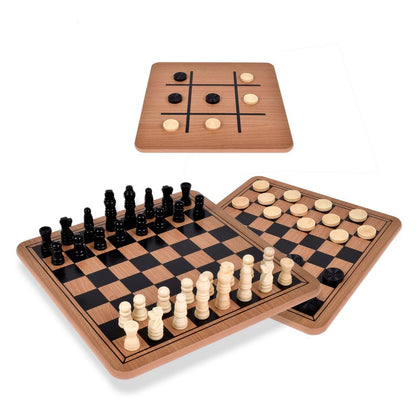 Juego De Mesa 3 En 1 De Madera: Ajedrez, Damas Y Gato