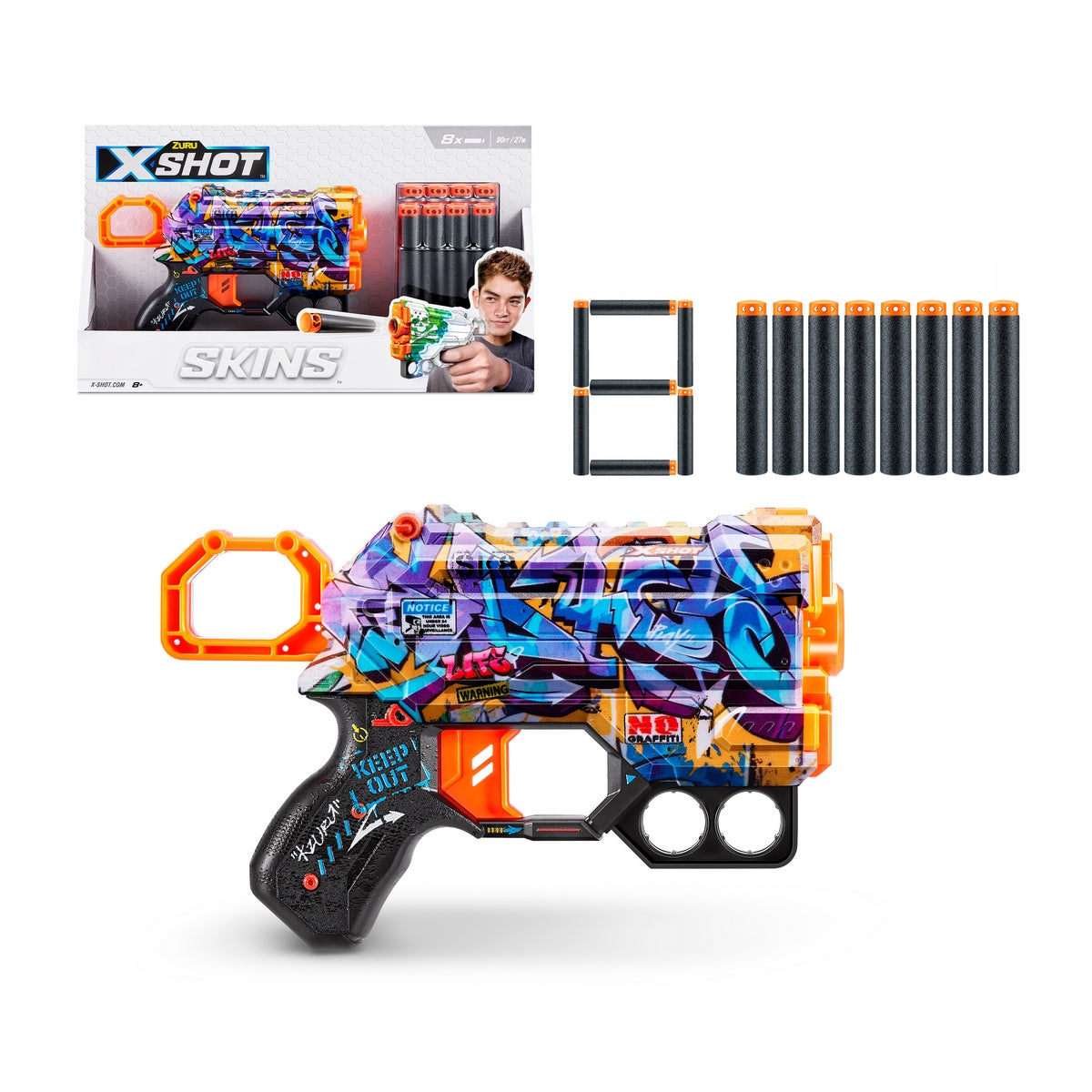 Lanza Dardos Menace Skins Con 8 Dardos X-Shot - Spray Tag