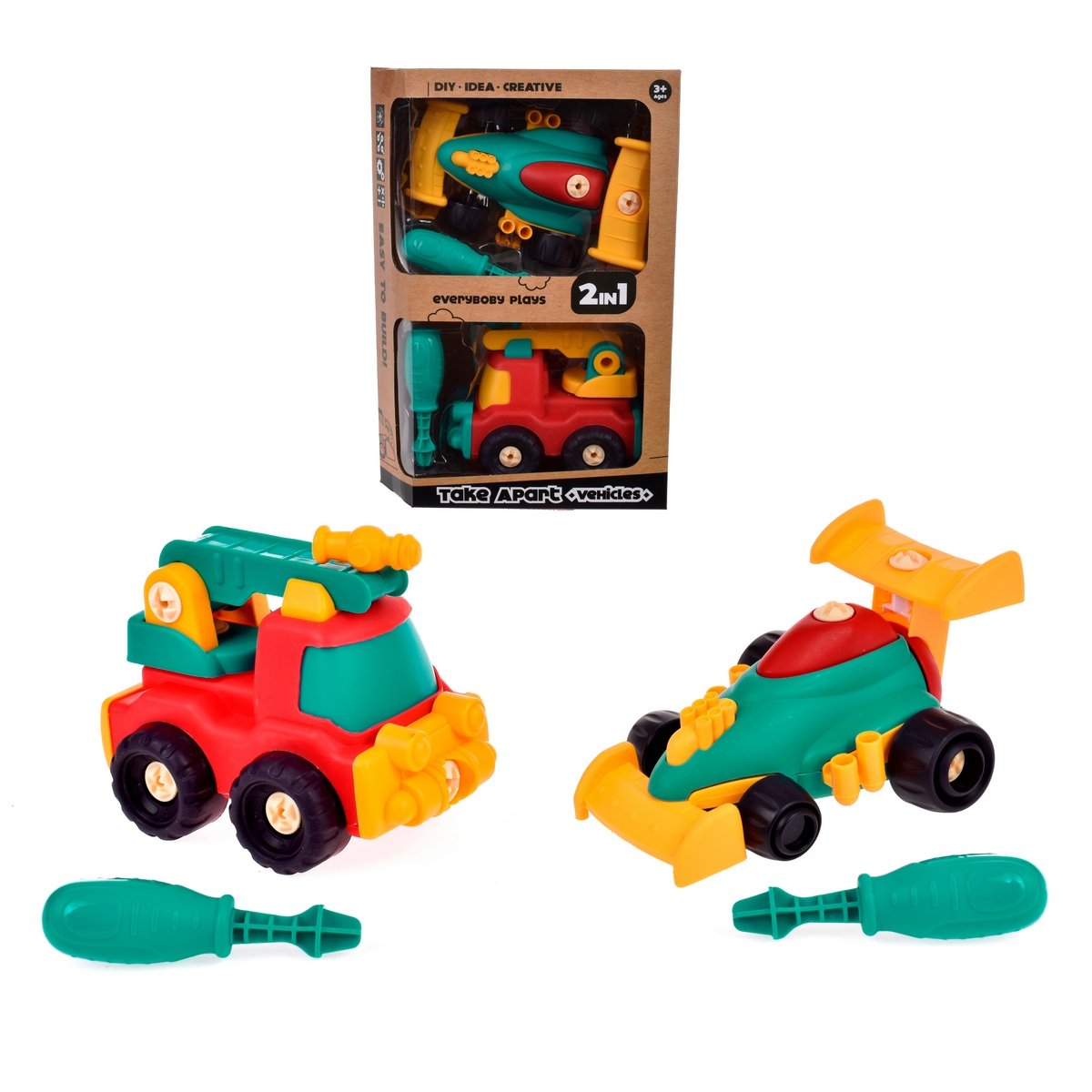 Pack 2 Vehiculos Armables Con Destornillador - Verde Rojo