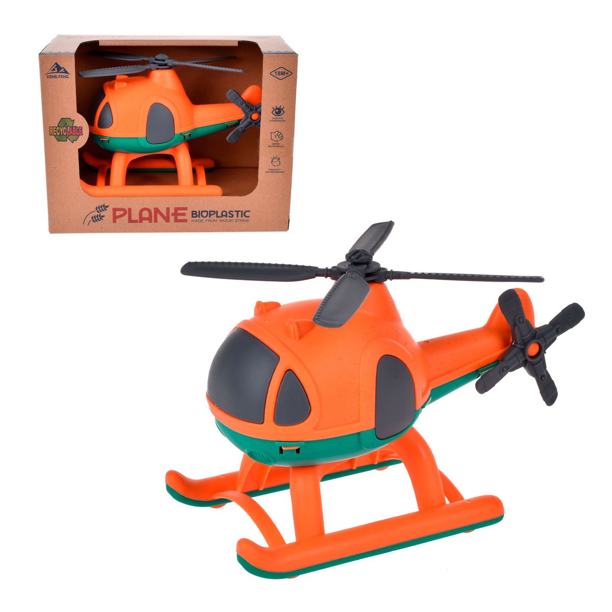Helicoptero De 17 Cm Material Reciclado - Naranjo Categoría: Vehículos Tipo producto:  Vehículos de construcción y camiones de juguete?