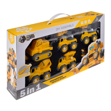 Playset 5 En 1 Vehiculos De Construccion Armables En Robot Con Luz Y Sonido