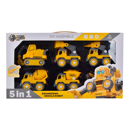 Playset 5 En 1 Vehiculos De Construccion Armables En Robot Con Luz Y Sonido