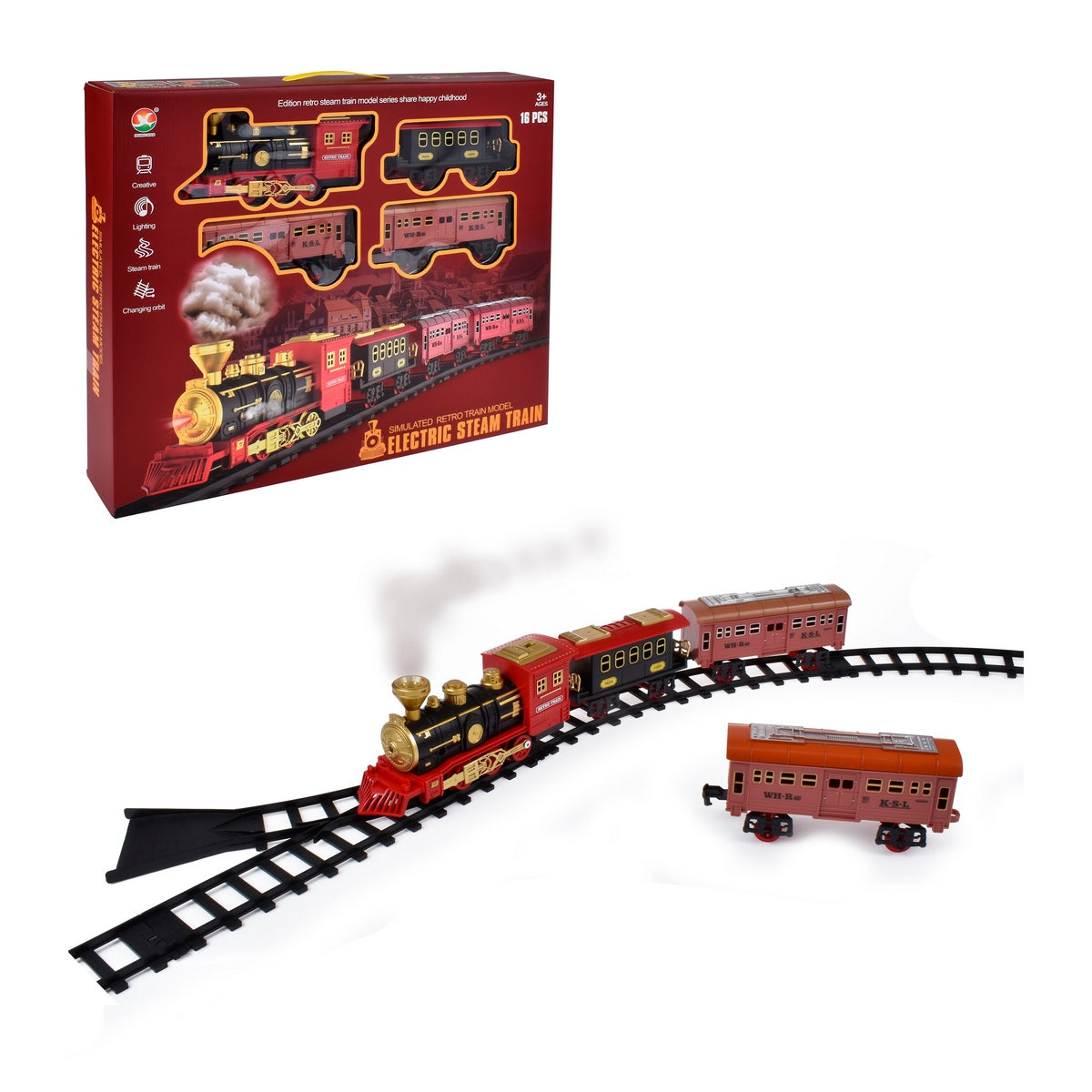 Tren Retro Electrico Con Sonido Y Luces Y 3 Vagones Y 16 Piezas Categoría: Pistas y playsets Tipo producto:  Trenes de juguete y juegos de trenes