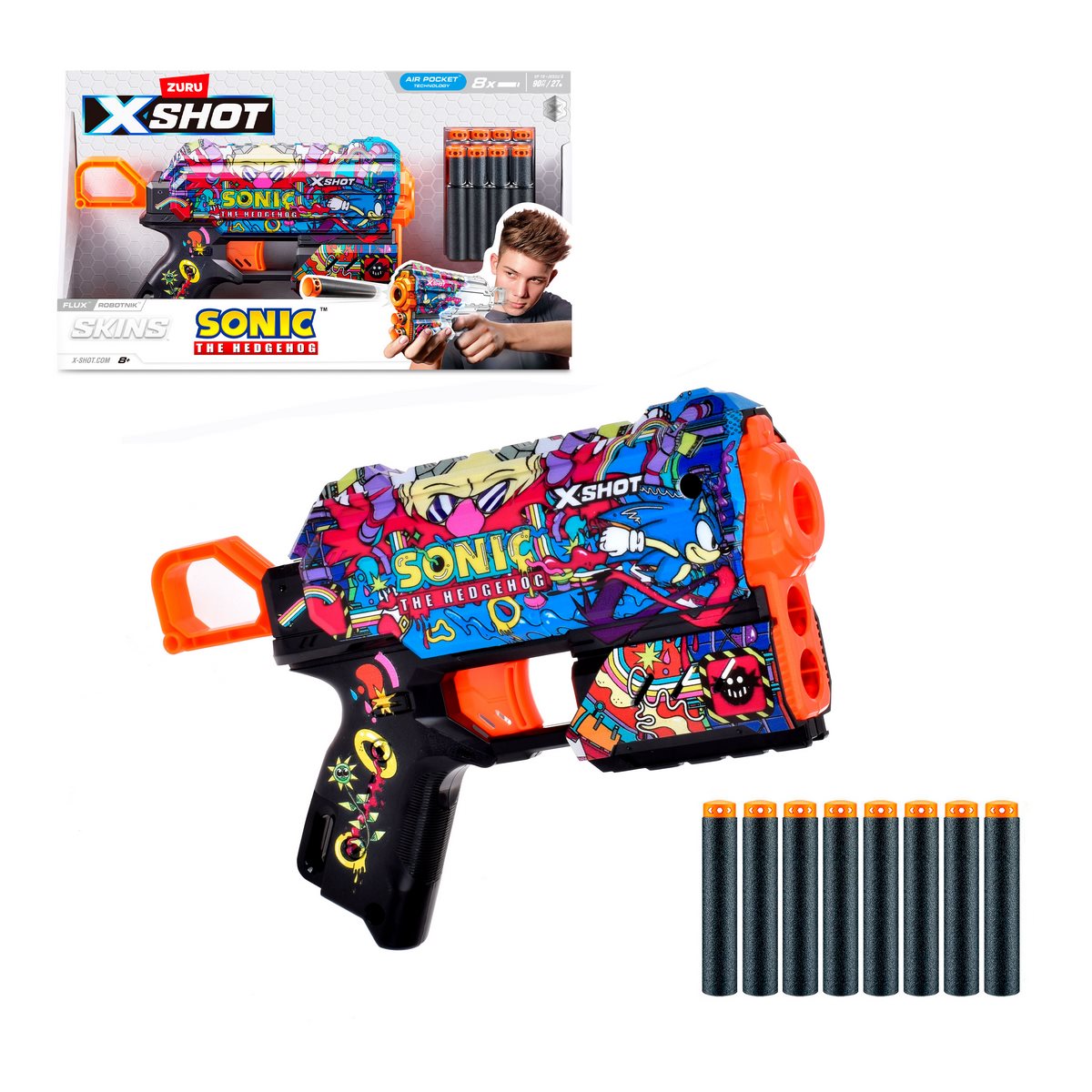 Lanza Dardos Flux Skins Sonic Con 8 Dardos X-Shot - Robotnik Categoría: Lanzadores dardos - agua y más Tipo producto:  Armas y artilugios de juguete