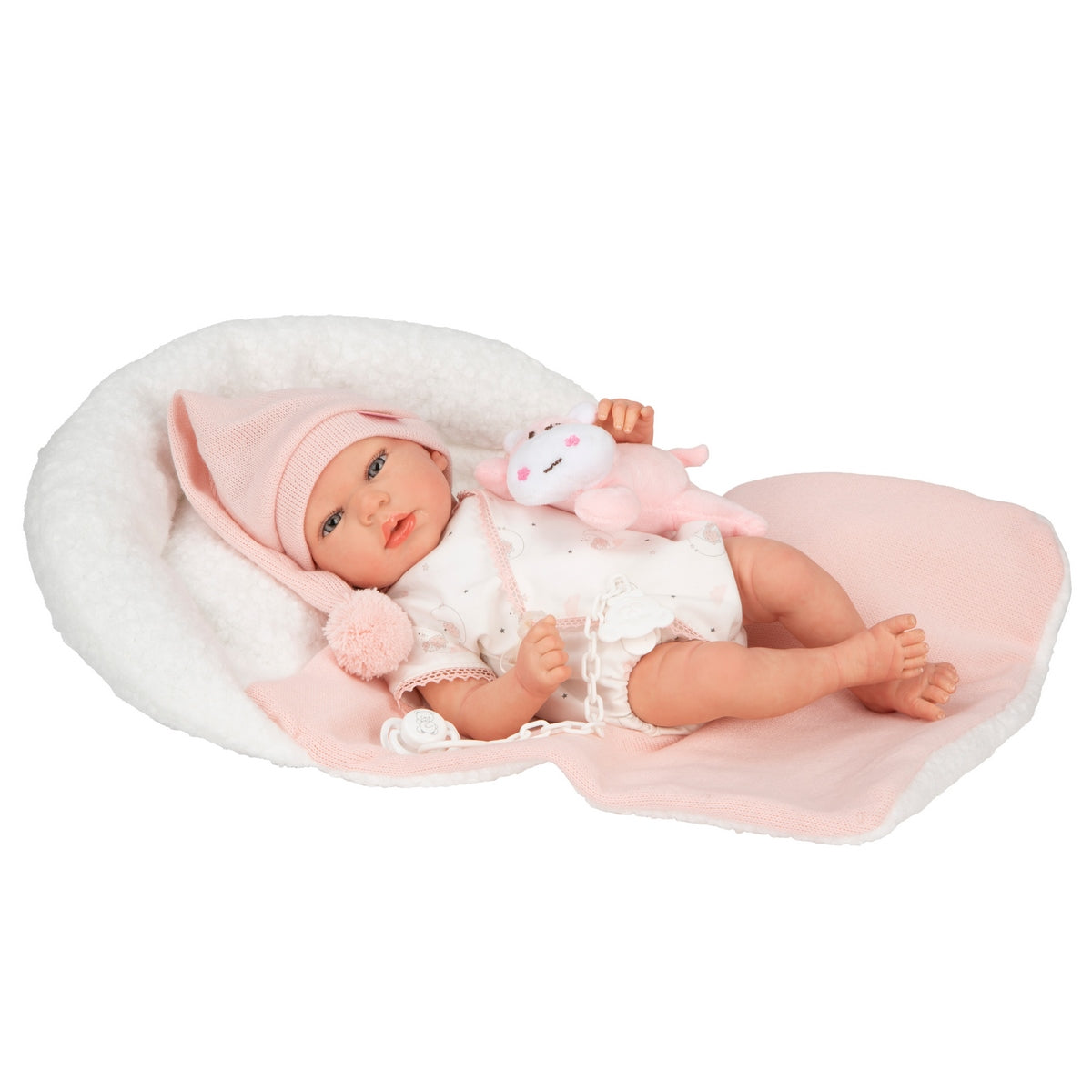 Muñeca Reborn Ariel Rosa Con Cojin Y Peluche 40 Cm Arias