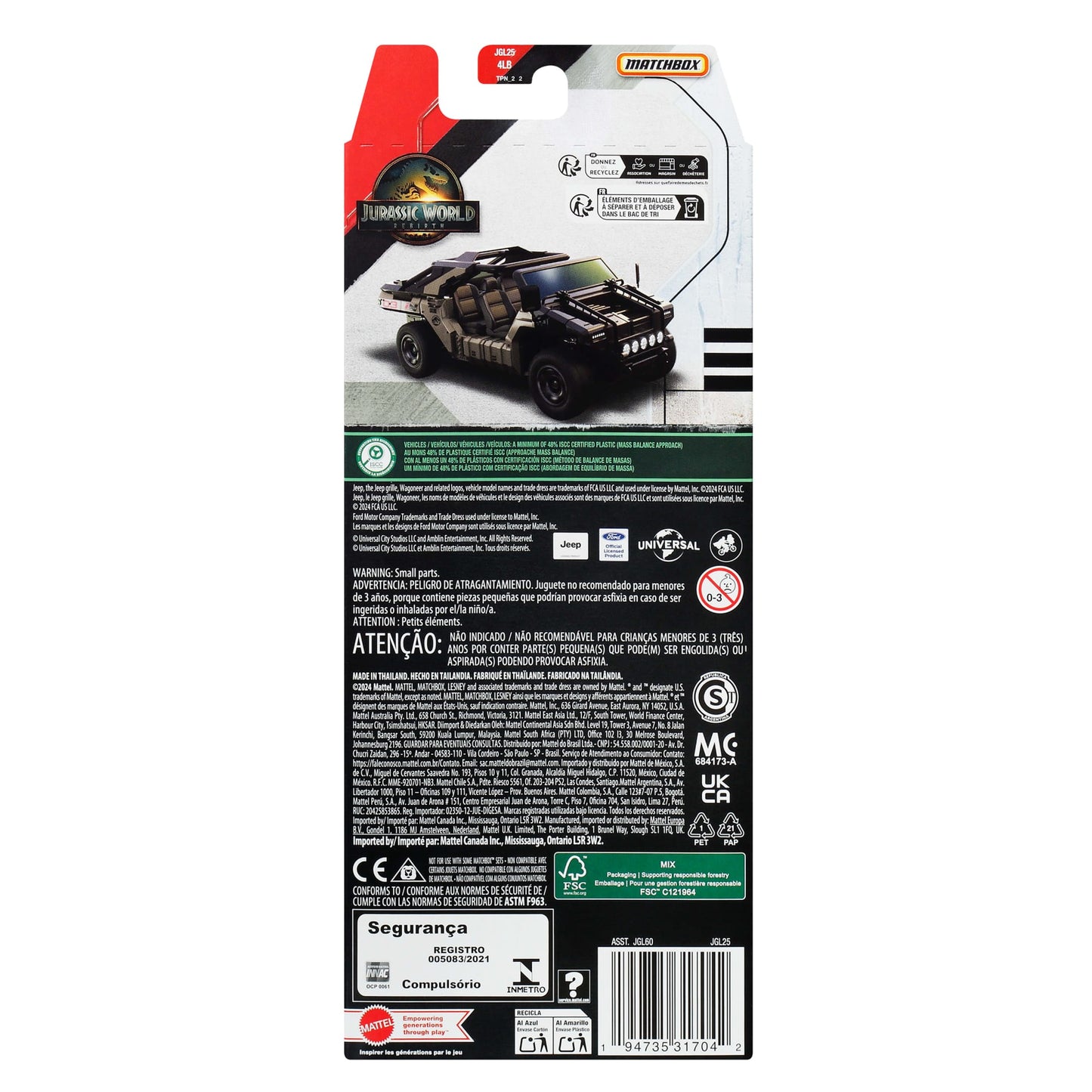 Matchbox Jurassic World Auto Básico Paquete De 5 - Jeep