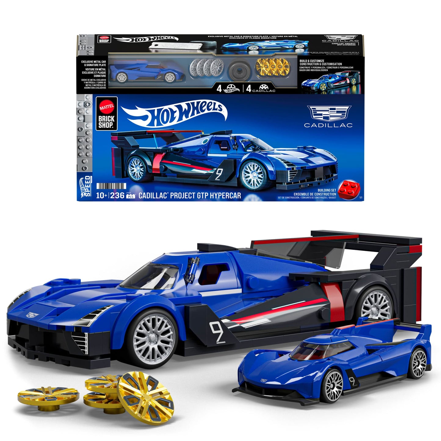 Brick Shop Hot Wheels Juguete de Construcción Speed Cadillac Project GTP Hypercar Escala 1:32 con Piezas Personalizables, Incluye Placa de Colección y Auto Exclusivo de Metal
