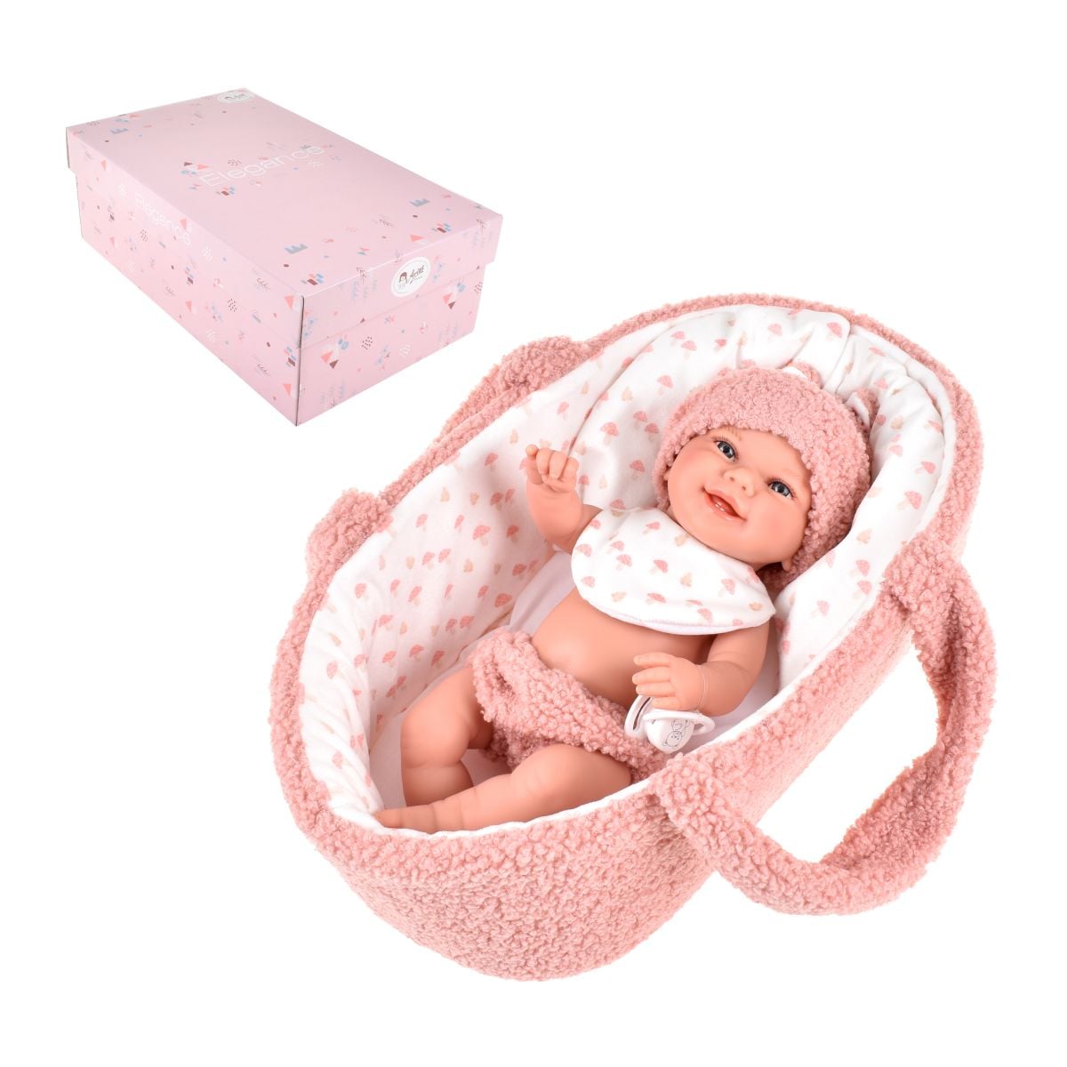 Muñeca Elegance Babyto Rosa Con Capazo 33 Arias