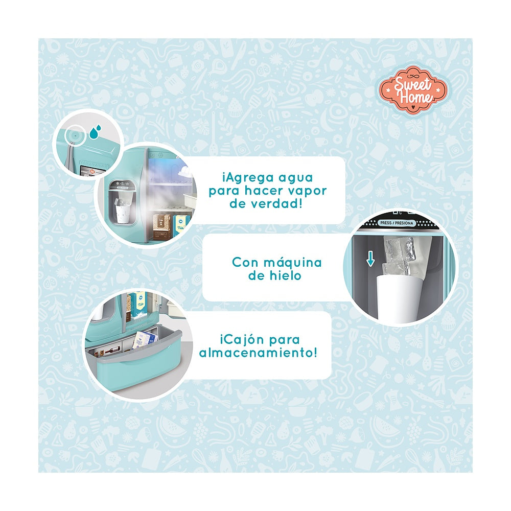 Refrigerador Inteligente De Juguete Con Funcion De Hielera Simulacion De Vapor Frio Luz Sonido Y 8 Accesorios Incluidos Sweet Home