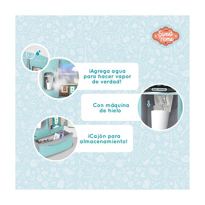 Refrigerador Inteligente De Juguete Con Funcion De Hielera Simulacion De Vapor Frio Luz Sonido Y 8 Accesorios Incluidos Sweet Home