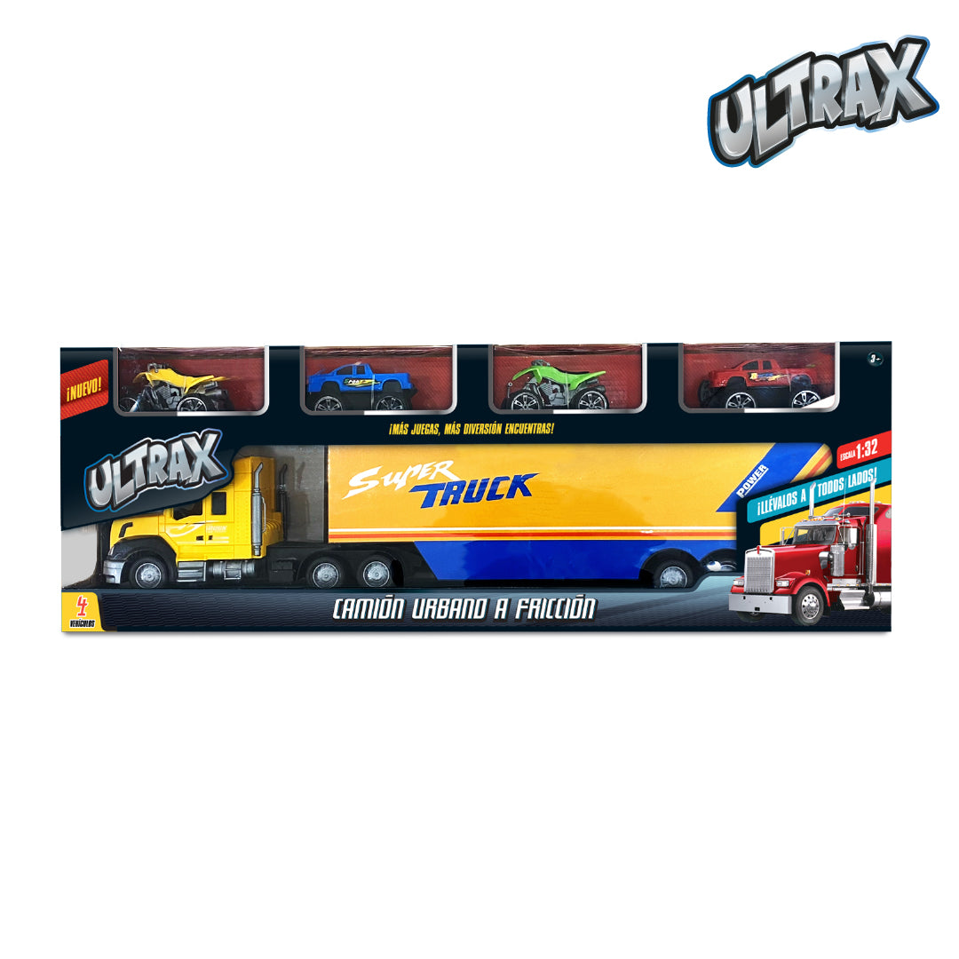Set De Camiones Con Friccion Incluye 4 Vehiculos Disponible En Azul Y Amarillo Ultrax - Camion Amarillo