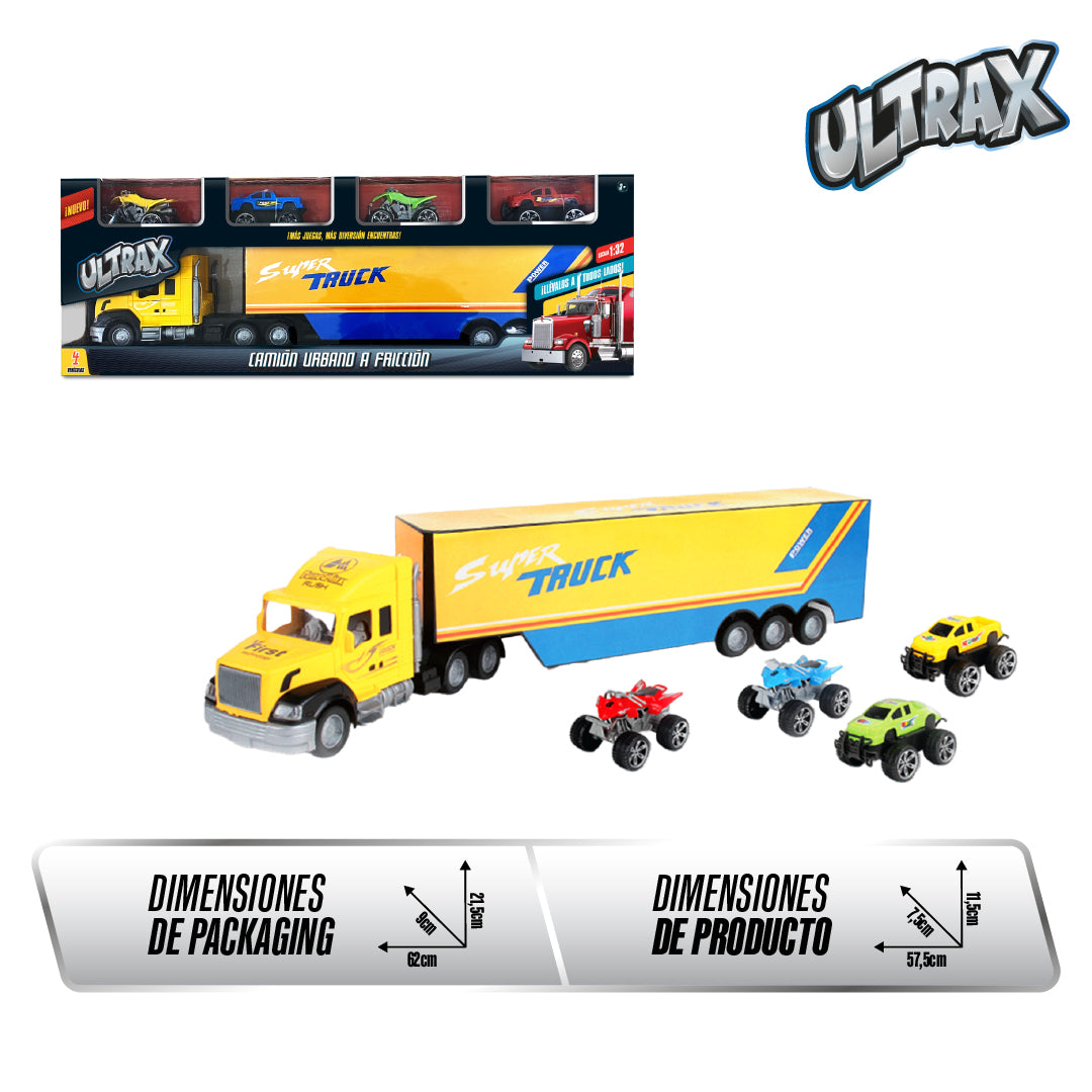 Set De Camiones Con Friccion Incluye 4 Vehiculos Disponible En Azul Y Amarillo Ultrax - Camion Amarillo