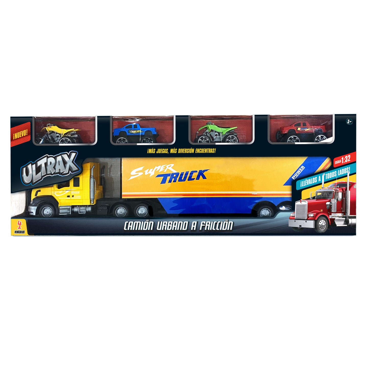 Set De Camiones Con Friccion Incluye 4 Vehiculos Disponible En Azul Y Amarillo Ultrax - Camion Amarillo