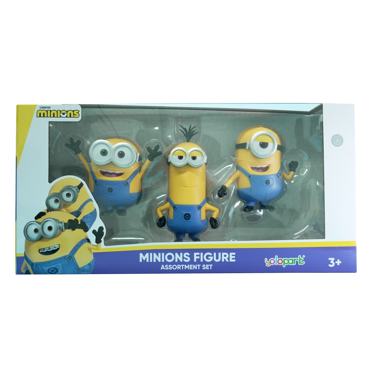 Caja del set de 3 figuras Minions con ventana transparente y logo Minions