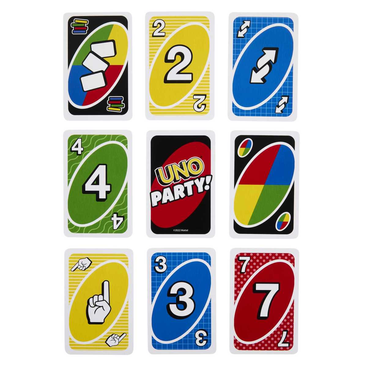 Cartas del juego Uno Party mostrando colores y símbolos especiales