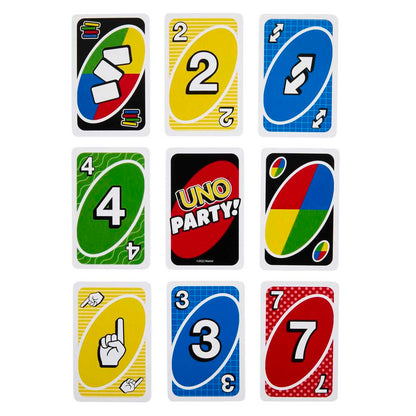 Cartas del juego Uno Party mostrando colores y símbolos especiales