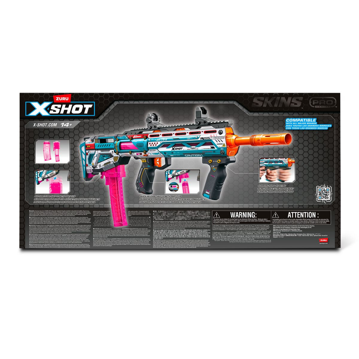 Detalle de la función de disparo rápido y cargador del lanzador X-Shot