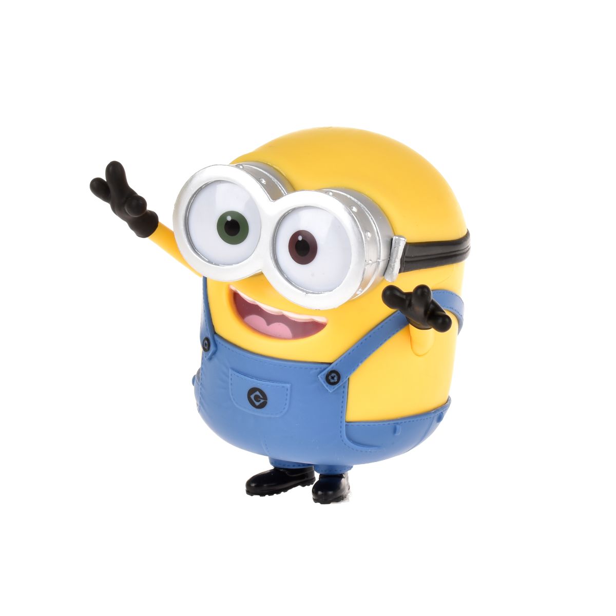 Detalle de figura Minions Bob con brazos levantados y ropa azul