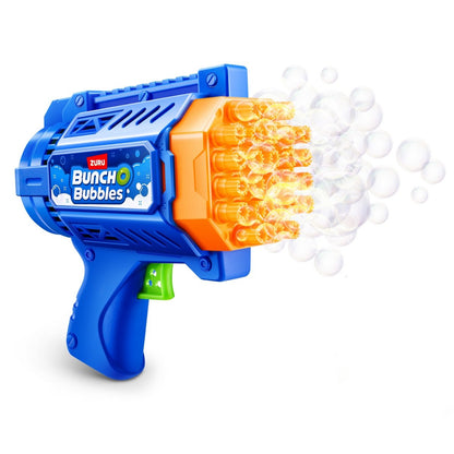 Detalle del lanzador de burbujas azul y naranja Bunch O Bubbles en acción