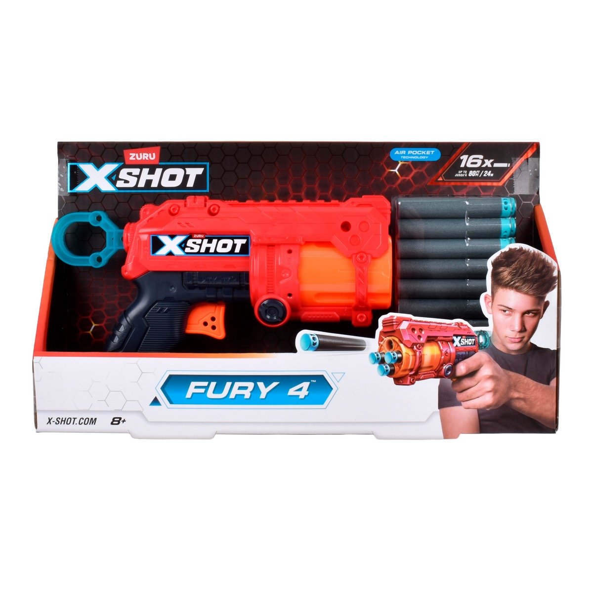 Detalle del lanzador Fury 4 X-Shot con carga de dardos y diseño ergonómico