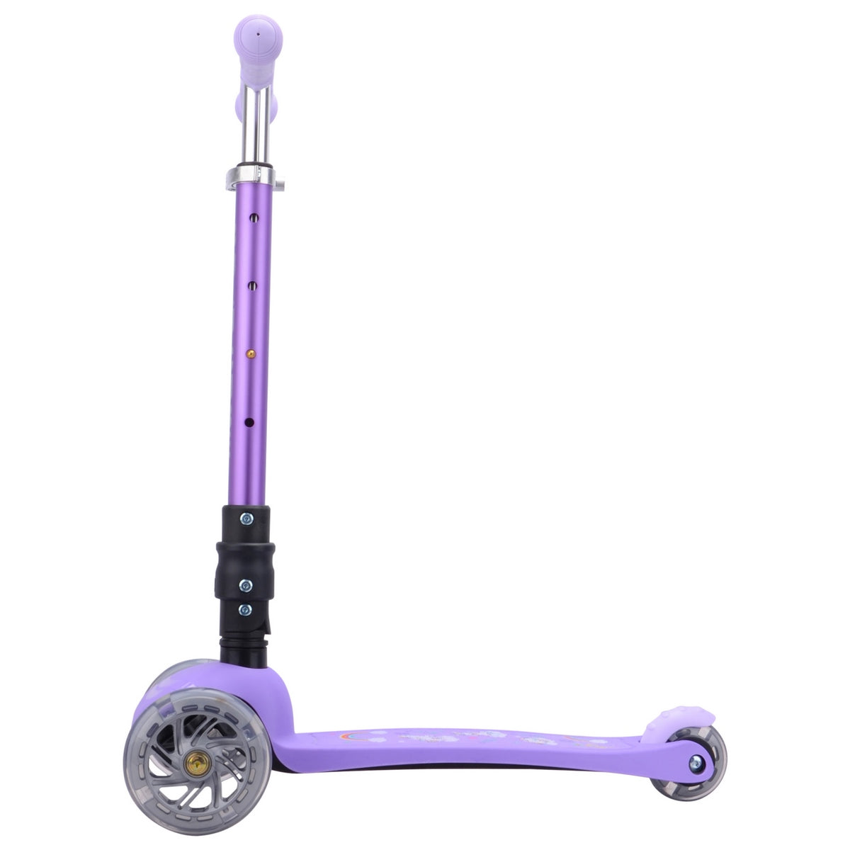 Detalle del manubrio y tubo ajustable del triscooter plegable Boldcube unicornios