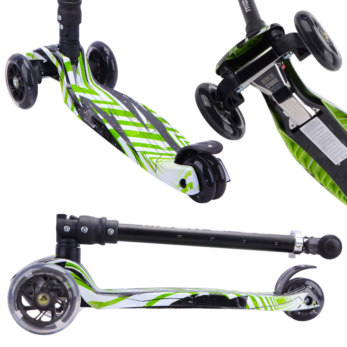 Detalle del sistema plegable y ruedas traseras del Triscooter Boldcube verde