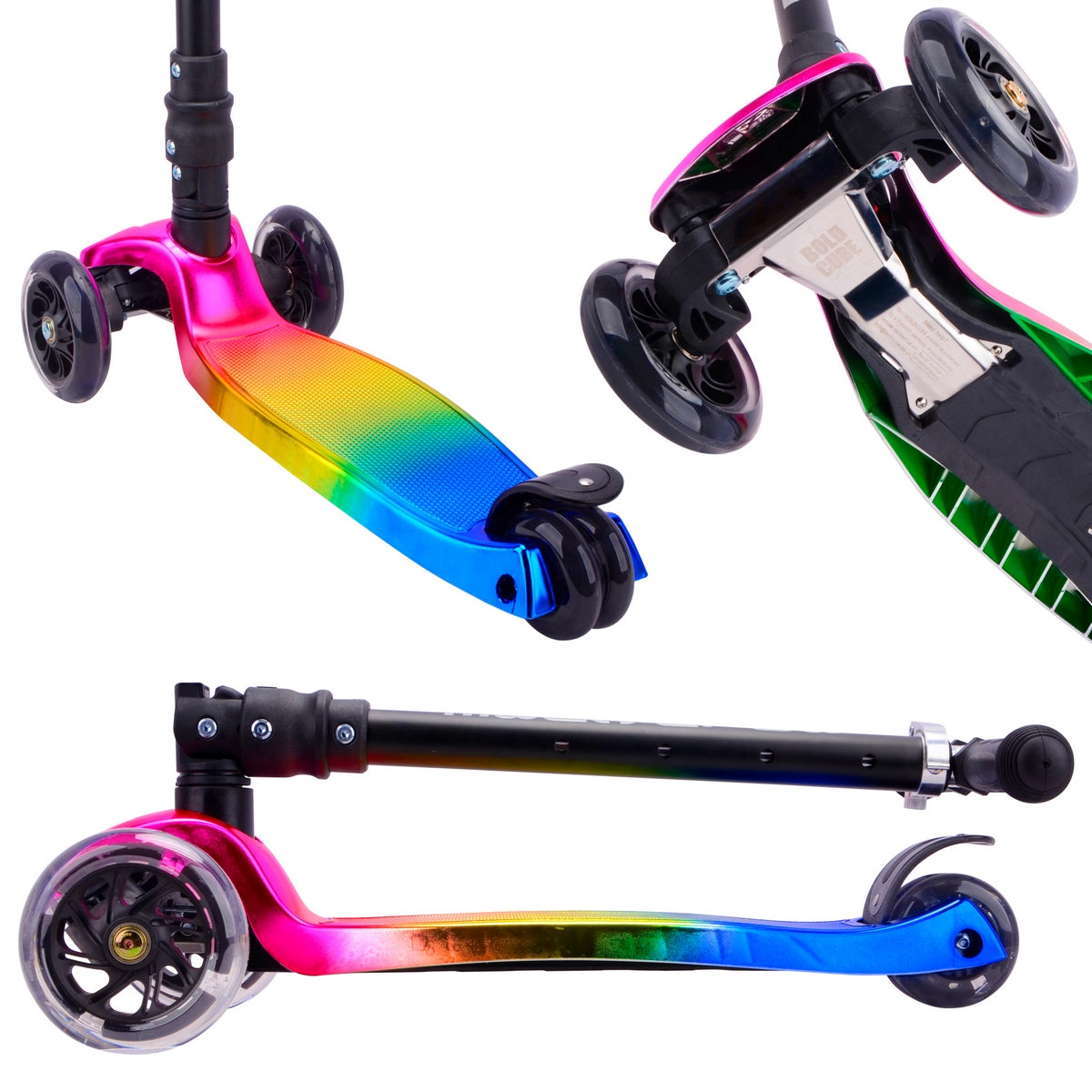 Detalle de ruedas e iluminación led del scooter Triscooter Boldcube Candy Floss