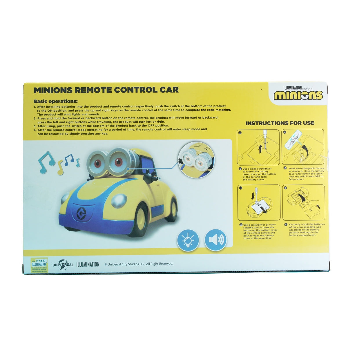 Parte trasera del vehículo radiocontrolado Minions con detalles de luces y placa Bello