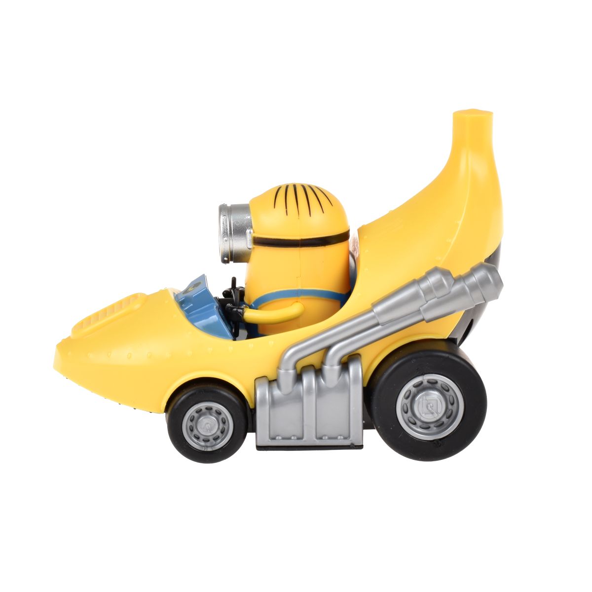 Detalle del vehículo a fricción Minions con diseño banana y figura Stuart