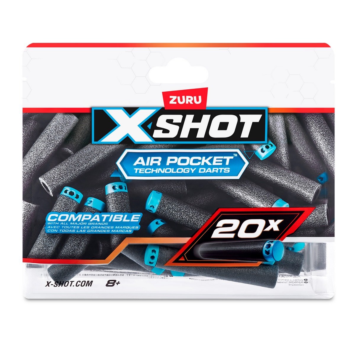 Empaque frontal del pack de dardos X-Shot Zuru con detalles gráficos