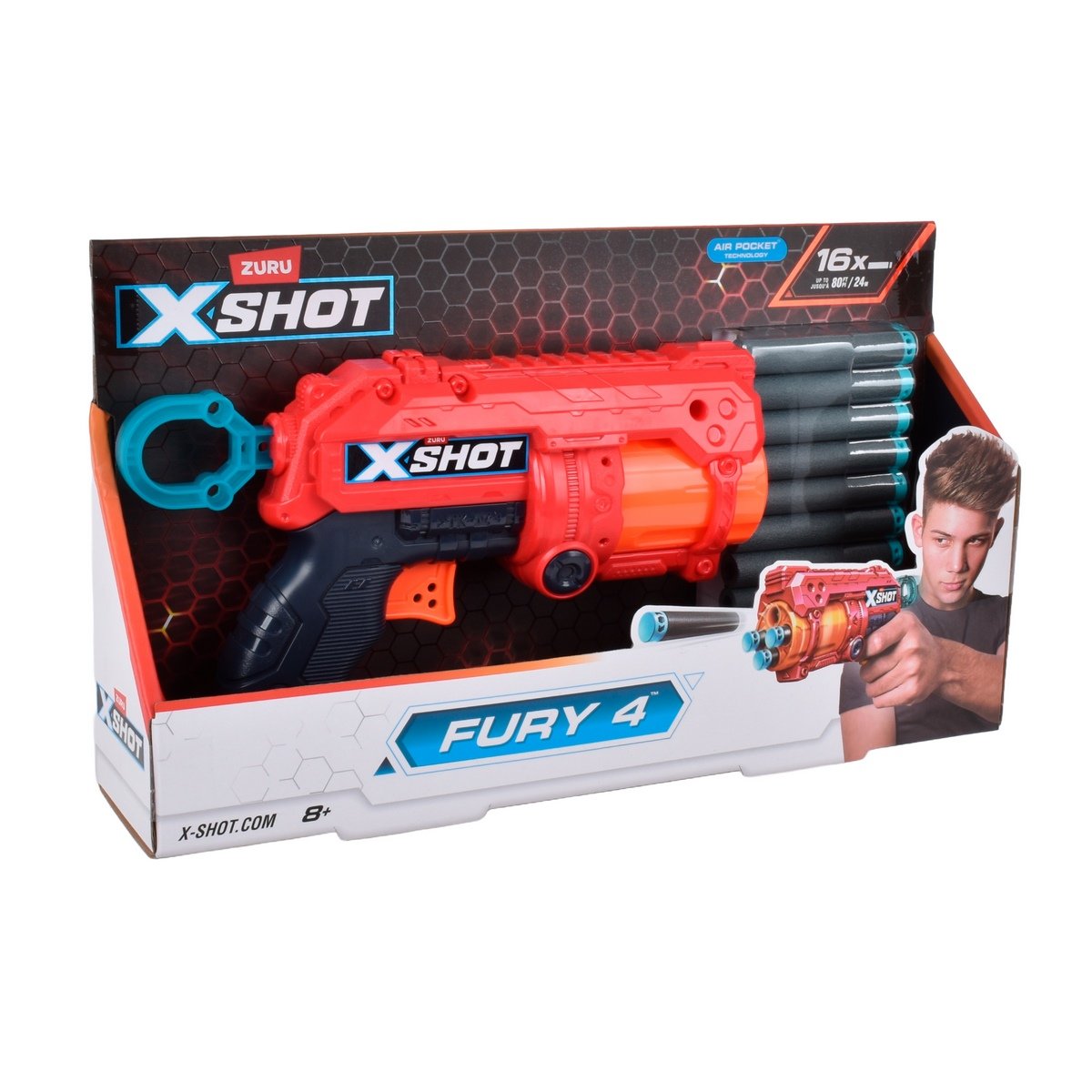 Empaque del lanzador Fury 4 de X-Shot con 16 dardos de goma espuma