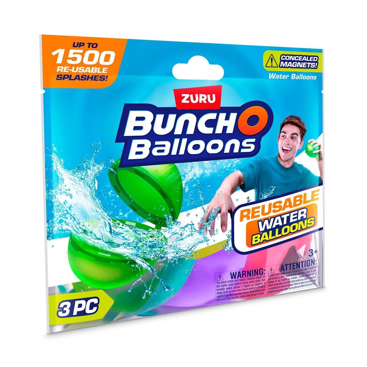 Empaque pack 3 bombas de agua reutilizables Bunch O Balloons ZURU con imagen jugador lanzar globos