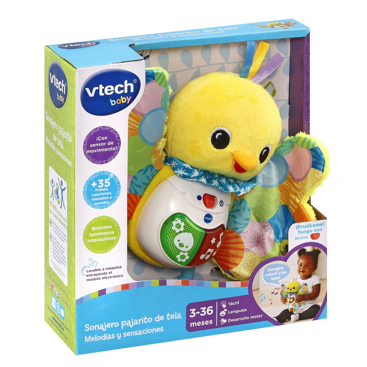 Empaque sonajero pajarito de tela melodías y sensaciones VTech