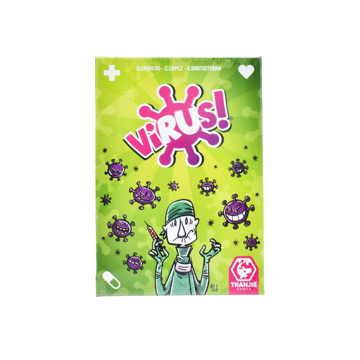 Juego de cartas Virus con ilustración de virus y doctor en empaque verde